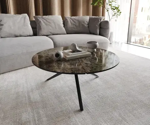 Konferenčné stolíky DELIFE Konferenčný stolík Delron 90x90 cm keramika Laminam® Emperador Extra Lucidato tmavohnedá kovová podstava krížová čierna