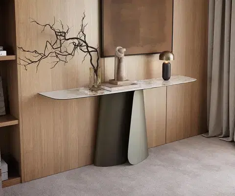 Konzolové stolíky DELIFE Konzolový stolík Edge zaoblený tvar 180×40 cm keramika Minas Melange bielo-béžová Livos kov titánová farba