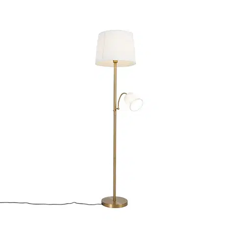 Lampy Klasická stojaca lampa bronzová látkové tienidlo biele s lampou na čítanie - Retro