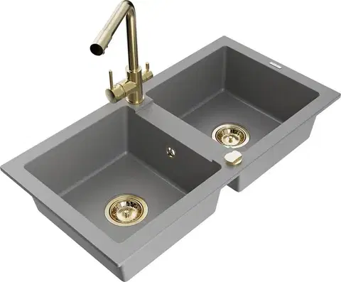 Kuchynské drezy MEXEN/S MEXEN/S - Mario granitový drez 2-bowl vrátane batérie Duero, šedá 6504-71-671600-50