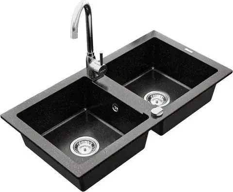 Kuchynské drezy MEXEN/S MEXEN/S - Mario granitový drez 2-bowl vrátane batérie Telma, čierna/strieborný 6504-73-670200-00