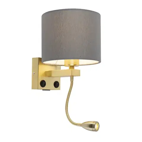 Lampy Art Deco nástenná lampa zlatá s USB a sivým tienidlom - Brescia