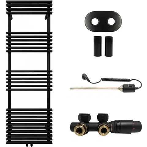 Doplnky do kúpeľne CERANO - Kúpeľňový radiátorový set Luigi - kombinované vykurovanie, termo tyč - stredové pripojenie 50 mm - 600W - čierna matná - 1600x500 mm CER-663427