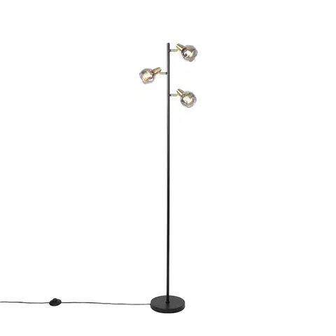 Stojace lampy Stojaca lampa v štýle Art Deco čierna a zlatá s dymovým sklom 3-svetlo - Vidro