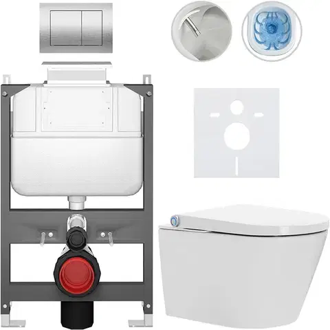 Záchody CERANO - Závesné WC s bidetom Basic/Cronus Standard - biela lesklá - WC tlačidlo Maxio/Strieborná - ovládanie zhora - predstenová inštalácia - 59,3x38,4 CER-8050BD86445