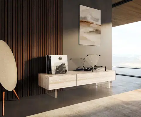 Televízne stolíky DELIFE TV stolík Cuor 150 cm keramika Laminam® Travertino Bianco krémovo biela 1 výklopné dvierka 1 zásuvka podstava závesná akrylové sklo