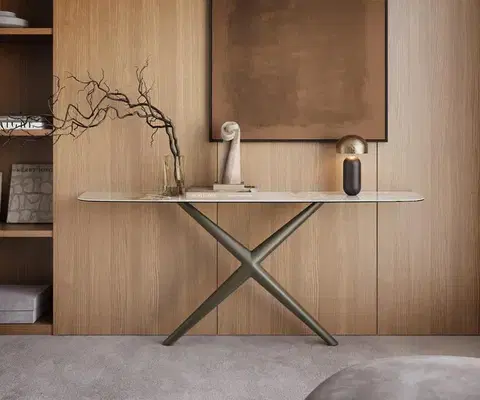 Konzolové stolíky DELIFE Konzolový stolík Edge zaoblený tvar 180×40 cm keramika Minas Melange bielo-béžová Estelo kov titánová farba