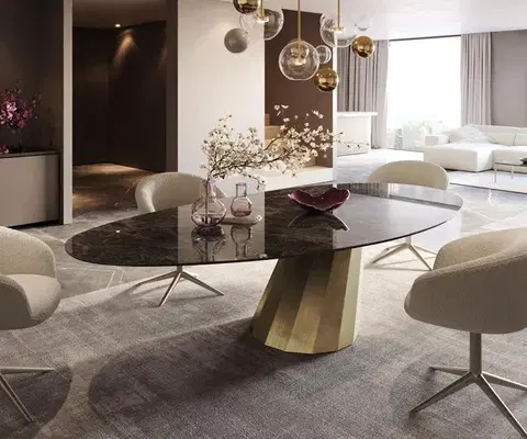 Jedálenské stoly DELIFE Jedálenský stôl Edge oválny 280x130 keramika Laminam® Emperador extra lesklý tmavohnedá parabolická metalická zlatá