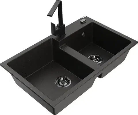 Kuchynské drezy MEXEN/S MEXEN/S - Tomas granitový drez 2-bowl vrátane batérie Rita, čierna/zlatá metalik 6516-75-670300-70-B