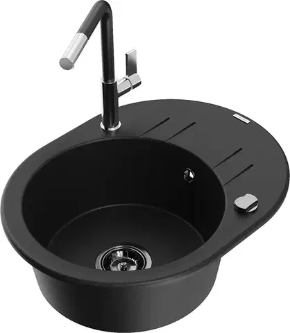 Kuchynské drezy MEXEN/S MEXEN/S - Kevin granitový drez 1-miska s odkvapkávačom vrátane batérie Flora, čierna 6517-77-670401-07-B