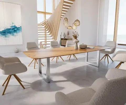 Jedálenské stoly DELIFE Jedálenský stôl Edge zaoblený tvar 300x120x2,5-3 dub prírodný nerezová oceľ široký švajčiarska hrana
