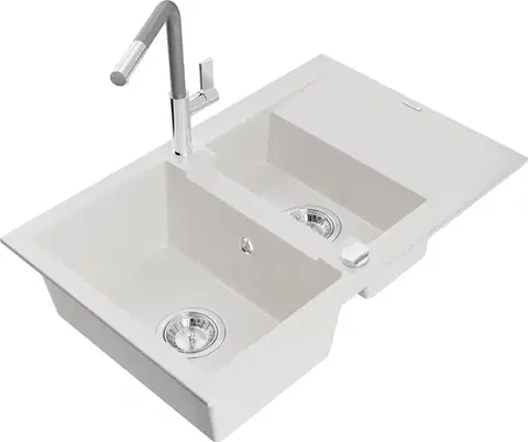 Kuchynské drezy MEXEN/S MEXEN/S - Gaspar granitový drez 1.5 s odkvapkávačom vrátane batérie Flora, biela 6507-20-670401-06