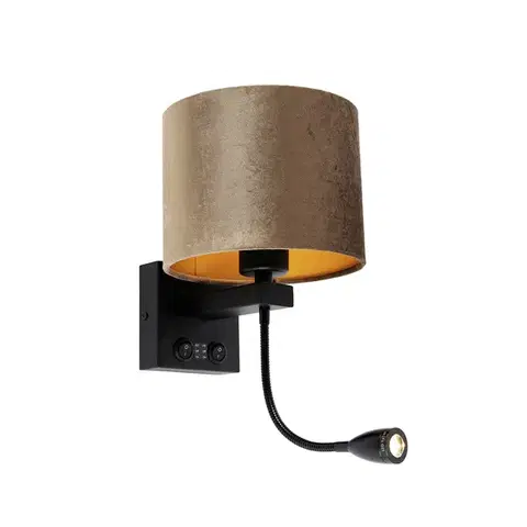 Lampy Nástenná lampa čierna s hnedým zamatovým tienidlom 18 cm - Brescia