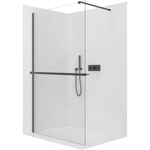 Držadlá k vani CERANO - Sprchová zástěna Walk-in Onyx Cube L/P - 8 mm + polička/držák na ručníky - hranatá vzpěra - černá matná, transparentní sklo - 90x200  CER-8050BD731