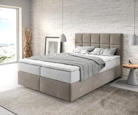 Postele Boxspring DELIFE Boxspring posteľ Dream-Fine 140x200 cm mikrovlákno béžová s vreckovou pružinovou matracou a visco topperom