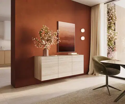 Komody DELIFE Komoda Cuor 150 cm keramika Laminam® Travertino Bianco krémovo biela 3 dvierka závesná