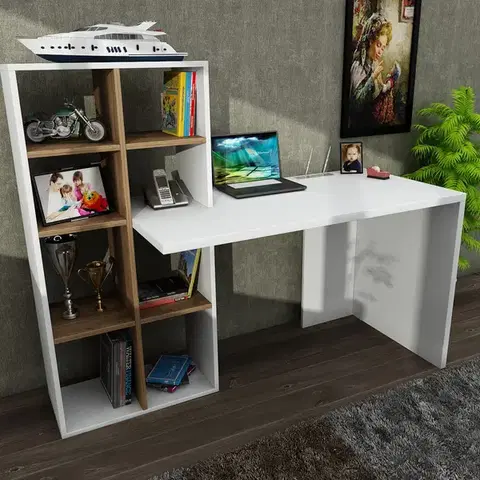 Písacie stoly WONDER PC stôl s regálom, biela / orech