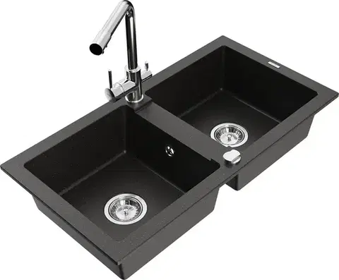 Kuchynské drezy MEXEN/S MEXEN/S - Mario granitový drez 2-bowl vrátane batérie Duero, čierna/zlatá metalik 6504-75-671600-00