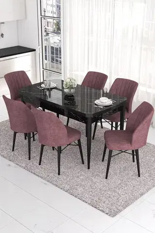 Jedálenské sety Extendable Dining Table & Chairs Set (7 Pieces) Eva - Black Marble, Dusty Rose