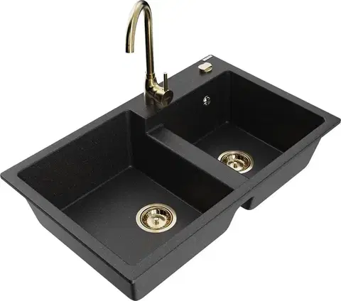 Kuchynské drezy MEXEN/S MEXEN/S - Tomas granitový drez 2-bowl vrátane batérie Telma, čierna/strieborná metalík 6516-73-670200-50