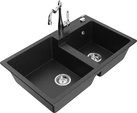 Kuchynské drezy MEXEN/S MEXEN/S - Tomas granitový drez 2-bowl vrátane batérie Carla, čierna/strieborná metalík 6516-73-670700-00