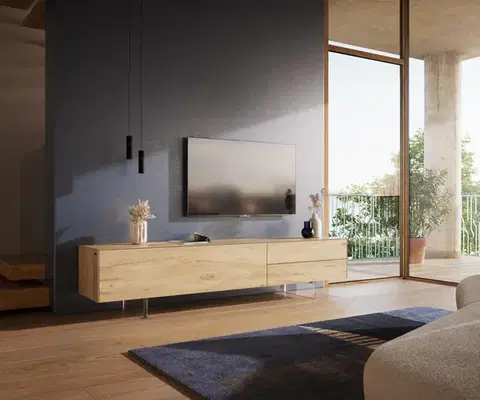 Televízne stolíky DELIFE TV stolík Cuor 220 cm keramika Laminam® Sabbia v dubovej farbe 1 výklopné dvierka 2 zásuvky podstava závesná akrylové sklo
