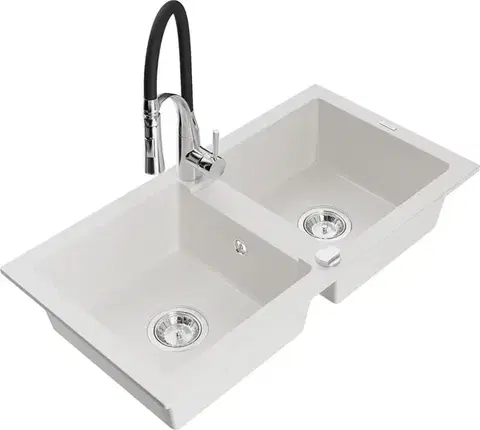 Kuchynské drezy MEXEN/S MEXEN/S - Mario granitový drez 2-bowl vrátane batérie Aster, biela 6504-20-73450-07