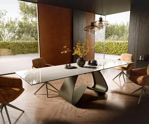 Jedálenské stoly DELIFE Jedálenský stôl Edge 300×100 cm keramika onyx šampanské podstava v tvare W kov titánová farba