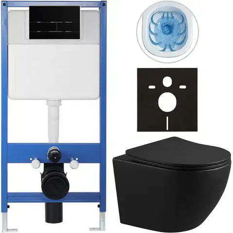Záchody CERANO - Kompletný WC set Profi/Cesso - čierna matná - WC tlačidlo Line/Čierna lesklá - predstenová inštalácia - 49x36 CER-8050BD84265