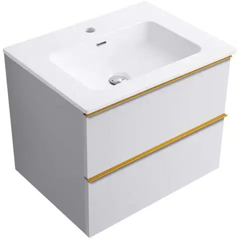 Kúpeľňový nábytok CERANO - Kúpeľňová skrinka Velora - biela matná, úchytka zlatá + keramické umývadlo Novo - biela lesklá - 71x54,5x46,5 CER-979885
