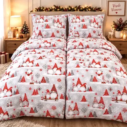Obliečky Obliečky bavlnené Vianočné obliečky Škriatky sivé TiaHome - 1x Vankúš 90x70cm, 1x Paplón 140x200cm
