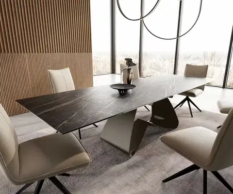 Jedálenské stoly DELIFE Jedálenský stôl Edge 200-300x100 keramika Laminam®Noir Desir hnedý podstava v tvare W titanový efekt rozkladací
