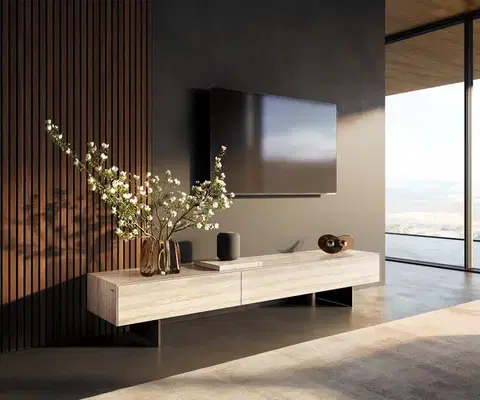 Televízne stolíky DELIFE TV stolík Cuor 200 cm keramika Laminam® Travertino Bianco krémovo biela 1 výklopné dvierka 1 zásuvka podstava závesná kov čierna