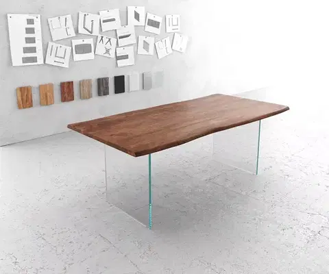 Jedálenské stoly DELIFE Jedálenský stôl Edge 200x100 akácia hnedá sklo Live-Edge