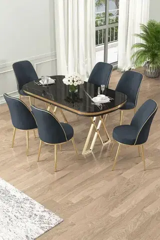 Jedálenské sety Dining Table & Chairs Set (7 Pieces) Lai - Black Marble, Gold, Anthracite