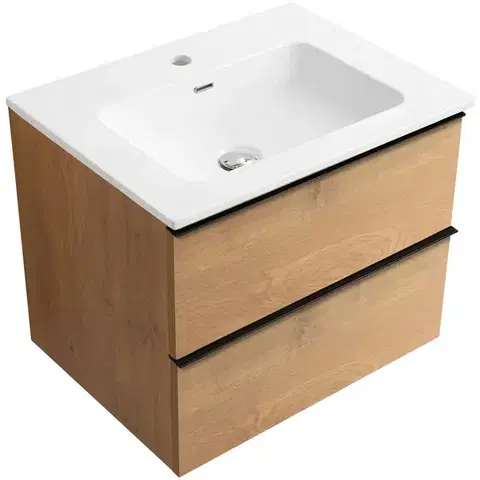 Kúpeľňový nábytok CERANO - Kúpeľňová skrinka Velora - dub medový, úchytka čierna + keramické umývadlo Novo - biela lesklá - 71x54,5x46,5 CER-979905