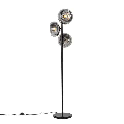 Stojace lampy Stojaca lampa v štýle Art Deco čierna s dymovým sklom 3-svetlo - Ayesha