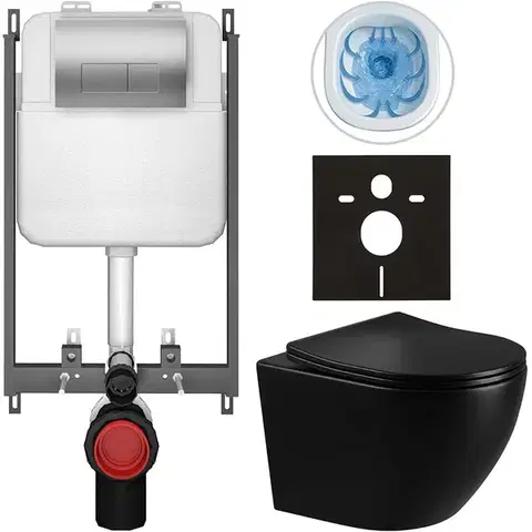 Záchody CERANO - Kompletný WC set Basic/Cesso - čierna lesklá - WC tlačidlo Modulo/Strieborná - na zamurovanie - 49x36 CER-8050BD86326