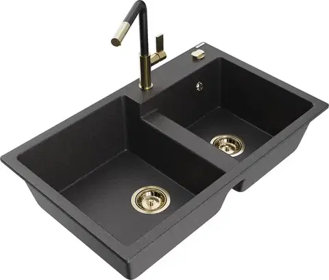 Kuchynské drezy MEXEN/S MEXEN/S - Tomas granitový drez 2-bowl vrátane batérie Flora, čierna kropenatá 6516-76-670401-57-G
