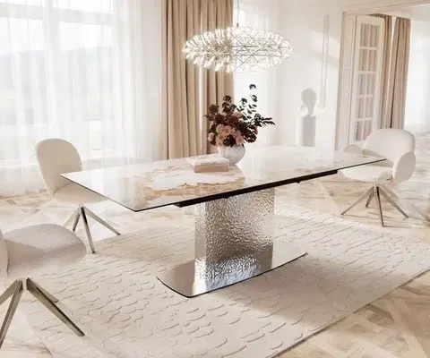 Jedálenské stoly DELIFE Jedálenský stôl Edge 180-220x100 keramika Minas melange bielo-béžová vlna nerezová oceľ rozkladací