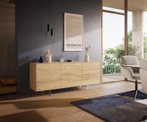 Komody DELIFE Komoda Cuor 180 cm keramika Laminam® Sabbia dubová farba 2 dvierka 3 zásuvky podstava závesná akrylové sklo