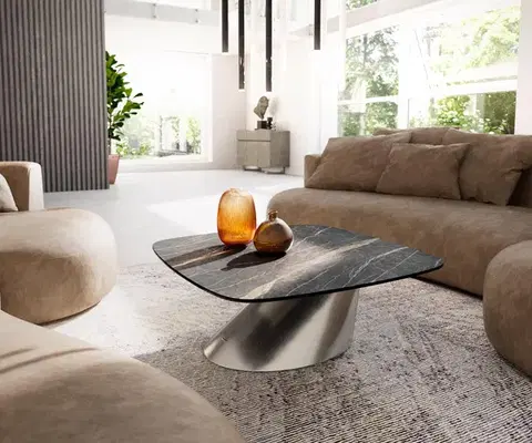 Konferenčné stolíky DELIFE Konferenčný stolík Edge zaoblený 90x90 cm keramika Laminam® Noir Desir hnedá konis nerezová oceľ kefovaná