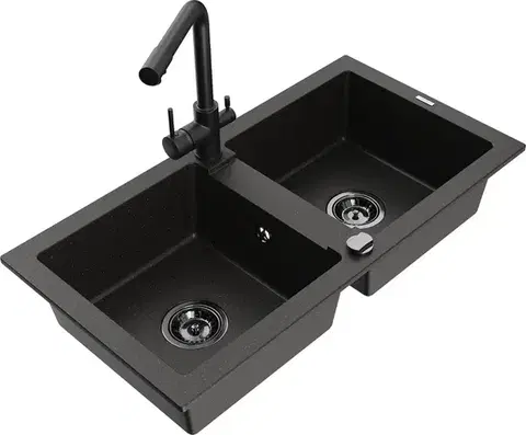 Kuchynské drezy MEXEN/S MEXEN/S - Mario granitový drez 2-bowl vrátane batérie Duero, čierna/zlatá metalik 6504-75-671600-70-B
