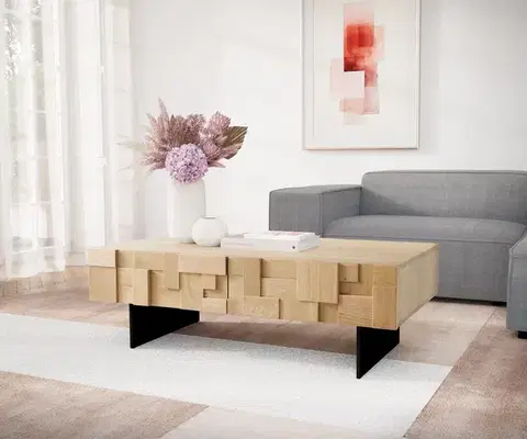 Konferenčné stolíky DELIFE Konferenčný stolík Puzzle 120 cm 4 zásuvky dub prírodný podstava závesná kov čierna