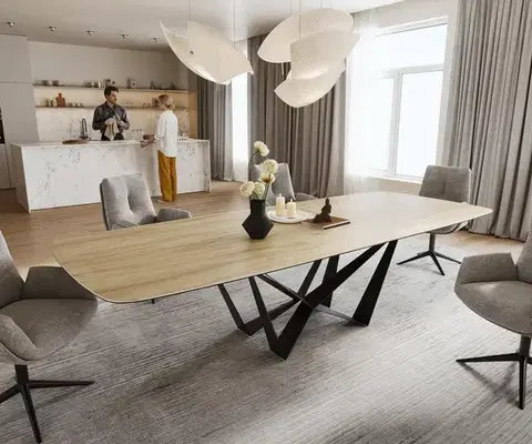 Jedálenské stoly DELIFE Jedálenský stôl Edge zaoblený tvar 240-300×120 cm keramika Laminam® sabbia dubová farba pavúk plochá oceľ čierna rozkladací