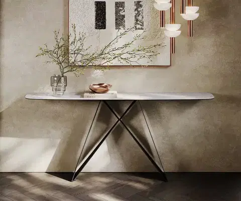 Konzolové stolíky DELIFE Konzolový stolík Edge zaoblený 180×40 cm keramika Laminam® Statuarietto biela Velio kov čierna