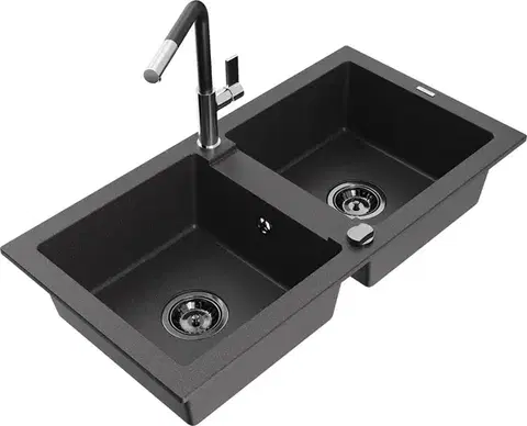Kuchynské drezy MEXEN/S MEXEN/S - Mario granitový drez 2-bowl vrátane batérie Flora, čierna kropenatá 6504-76-670401-07-B