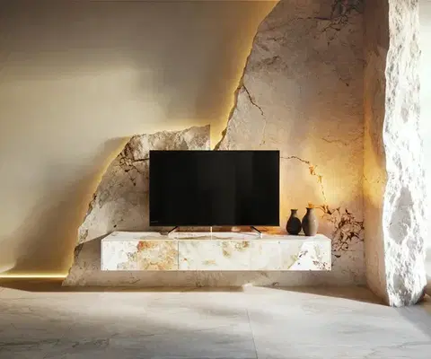 Televízne stolíky DELIFE TV stolík Cuor 150 cm keramika Minas Melange bielo-béžová 1 výklopné dvierka 1 zásuvka závesné