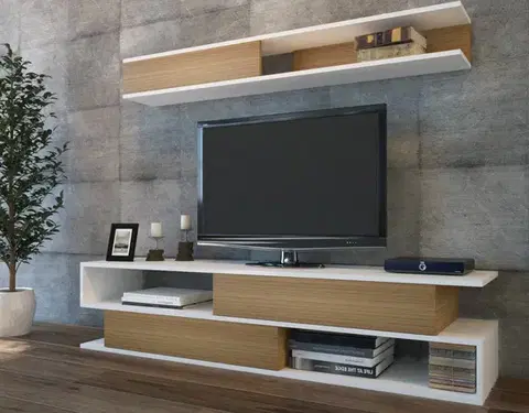 Obývacie steny TV skrinka / Obývacia stena Sims - White, Teak