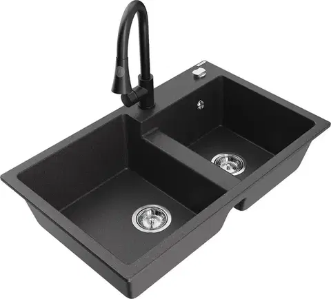 Kuchynské drezy MEXEN/S MEXEN/S - Tomas granitový drez 2-bowl vrátane batérie Elia, čierna kropenatá 6516-76-670101-70